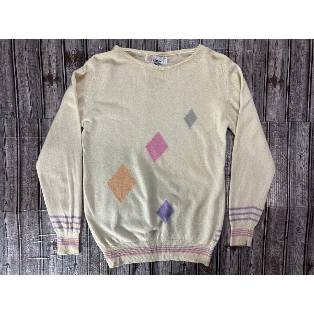 Pringle Of Scotland 100% Cashmere Sweater size 34 color Ivory multi vintage